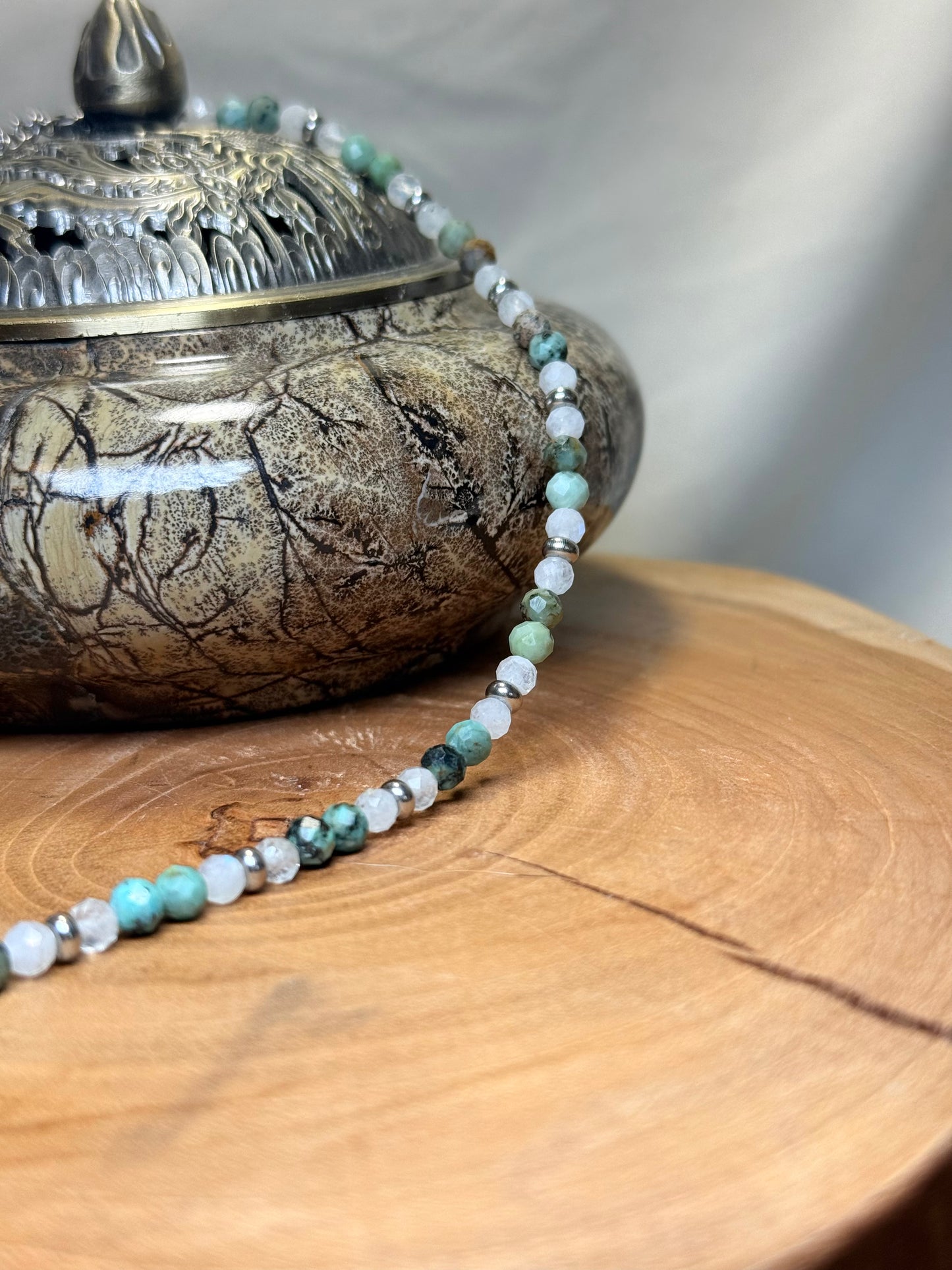 Sacred Horizon - Whispers of Light Choker - African Turquoise - Moonstone - 4mm Crystals, Stainless Steel findings, 15” + 2” Extender
