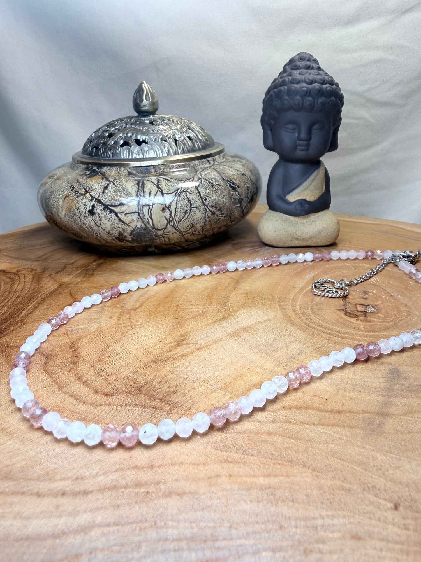 Soft Bloom- Whispers of Light Collection - Moonstone, Strawberry Quartz & Rose Quartz faceted Choker, 4mm Crystals, Stainless Steel Finding 15" + 2" Extender