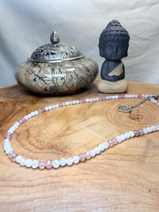 Soft Bloom- Whispers of Light Collection - Moonstone, Strawberry Quartz & Rose Quartz faceted Choker, 4mm Crystals, Stainless Steel Finding 15" + 2" Extender