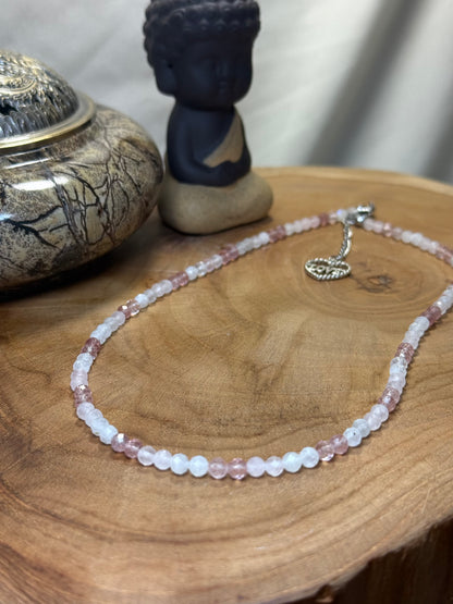 Soft Bloom- Whispers of Light Collection - Moonstone, Strawberry Quartz & Rose Quartz faceted Choker, 4mm Crystals, Stainless Steel Finding 15" + 2" Extender