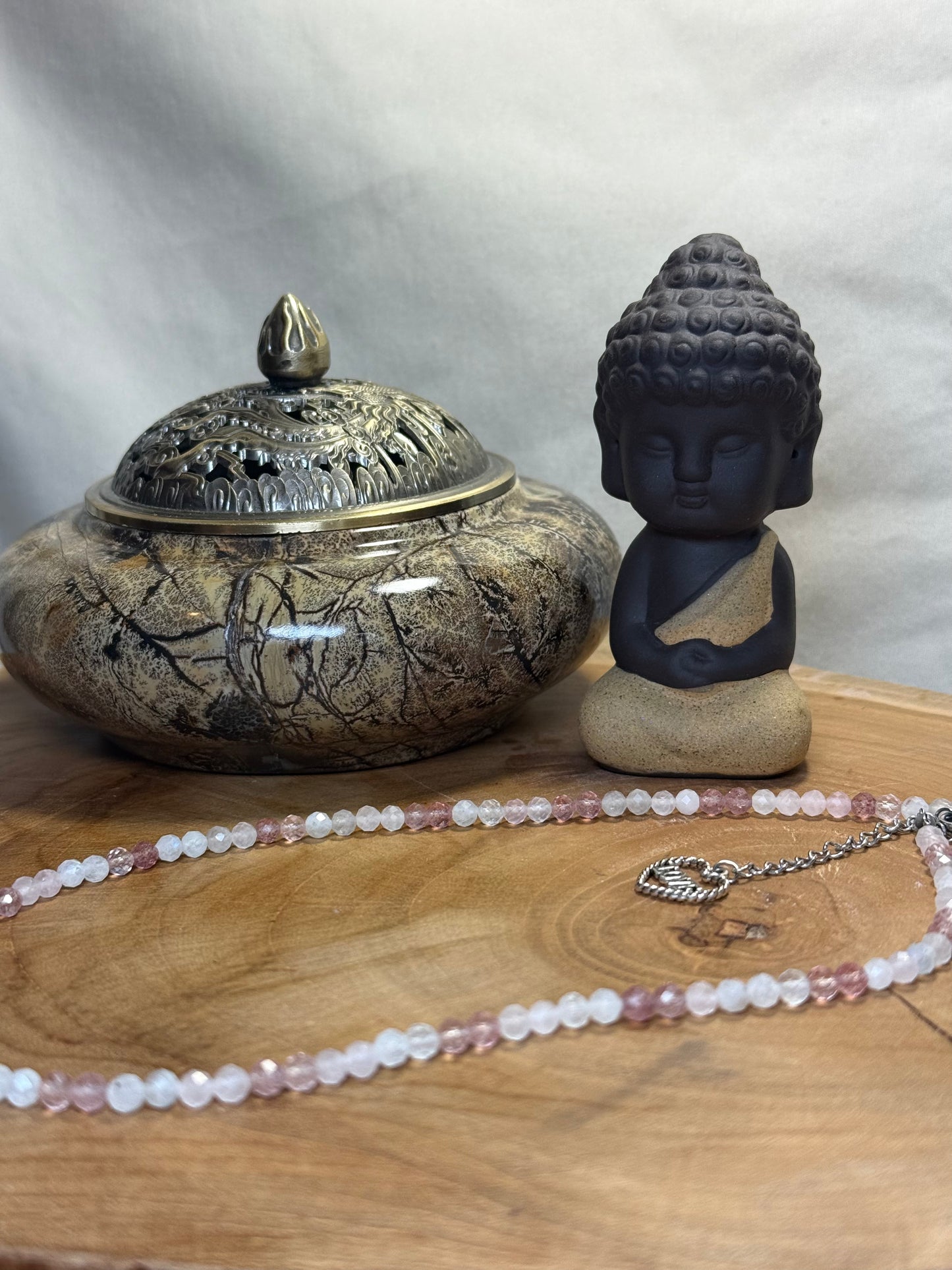 Soft Bloom- Whispers of Light Collection - Moonstone, Strawberry Quartz & Rose Quartz faceted Choker, 4mm Crystals, Stainless Steel Finding 15" + 2" Extender