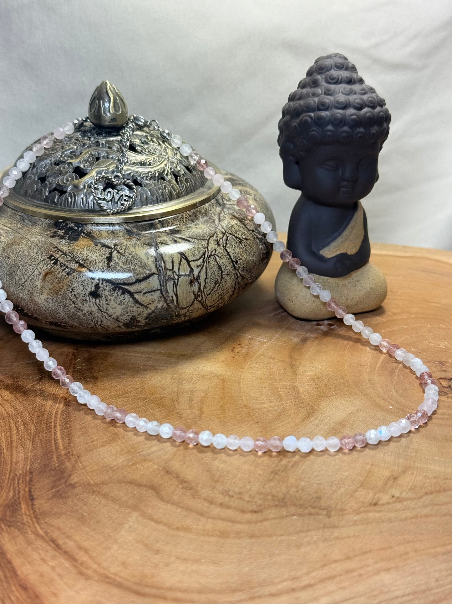 Soft Bloom- Whispers of Light Collection - Moonstone, Strawberry Quartz & Rose Quartz faceted Choker, 4mm Crystals, Stainless Steel Finding 15" + 2" Extender