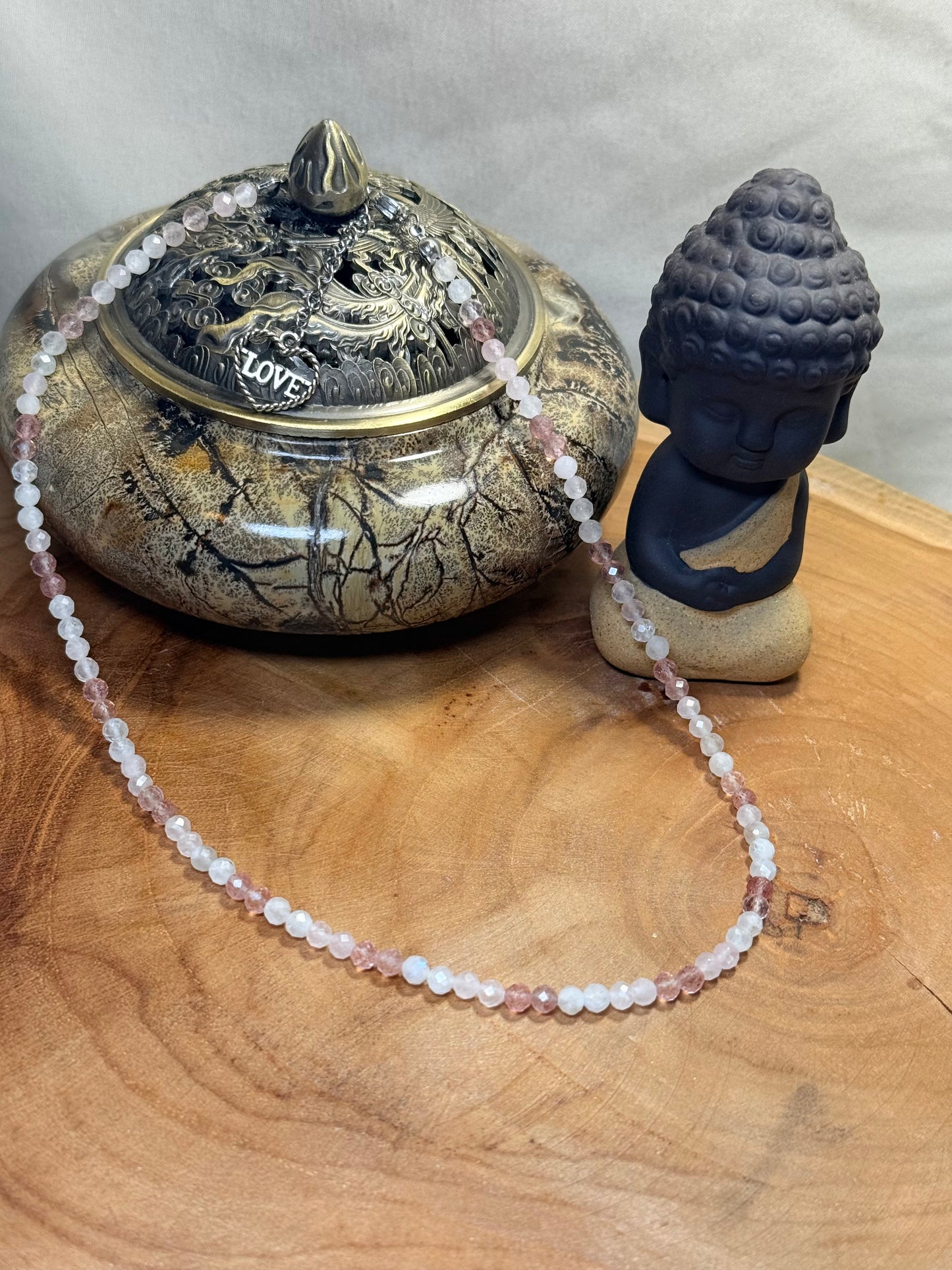 Soft Bloom- Whispers of Light Collection - Moonstone, Strawberry Quartz & Rose Quartz faceted Choker, 4mm Crystals, Stainless Steel Finding 15" + 2" Extender