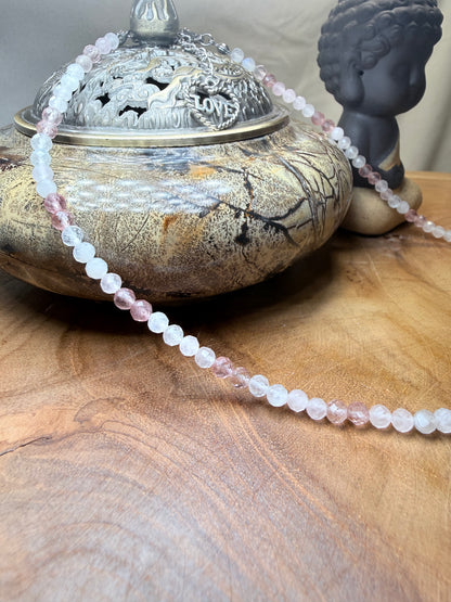 Soft Bloom- Whispers of Light Collection - Moonstone, Strawberry Quartz & Rose Quartz faceted Choker, 4mm Crystals, Stainless Steel Finding 15" + 2" Extender