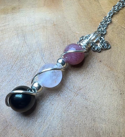 Velvet Shadow Trinity Pendant Obsidian • Rose Quartz • Cherry Rhodonite Trinity Collection