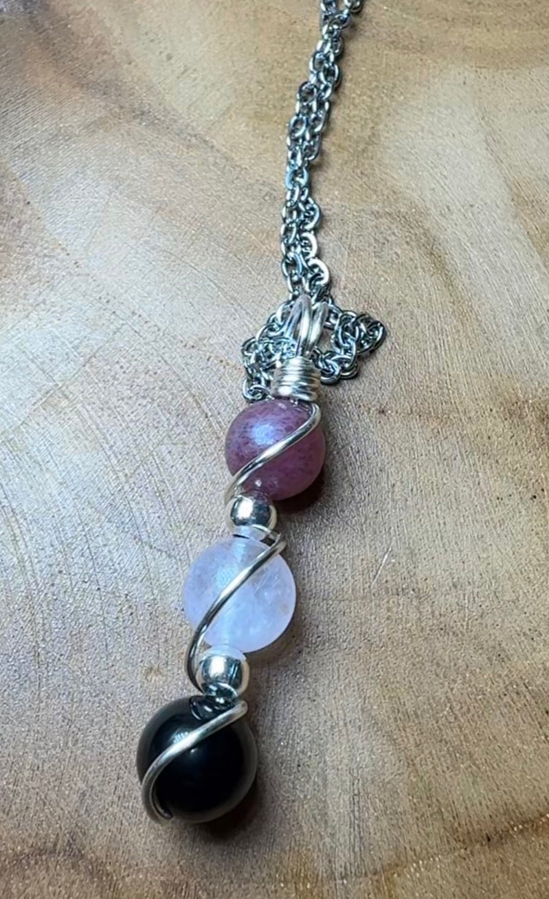 Velvet Shadow Trinity Pendant Obsidian • Rose Quartz • Cherry Rhodonite Trinity Collection
