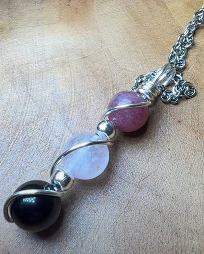 Velvet Shadow Trinity Pendant Obsidian • Rose Quartz • Cherry Rhodonite Trinity Collection